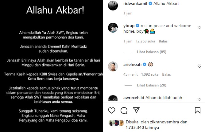 Gubernur Jawa Barat Ridwan Kamil Posting Ucapan Terimakasih di Instagram Pasca Jenazah Eril Ditemukan Setelah Hilang 14 Hari di Sungai Aare Swiss 
(ilustrasi)