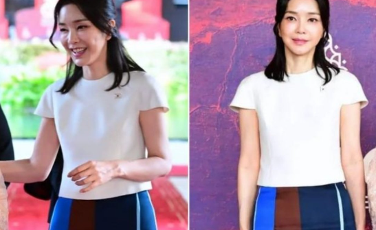 Harga outfit dan fashion yang dikenakan Kim Keon-hee, ibu negara Korea Selatan (foto: kolase twitter  @ohmybeautybank)