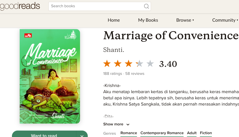Link baca gratis Novel Merriage Of Convenience berbahasa Indonesia dalam format PDF itu dan bocoran sinopsisnya. (Foto: goodreads)