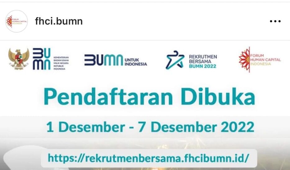 Tahapan pendaftaran seleksi bersama BUMN yang dibuka resmi pada 1-7 Desember 2022 dan formasi yang dibutuhkan (foto: Instagram @fhci.bumn)