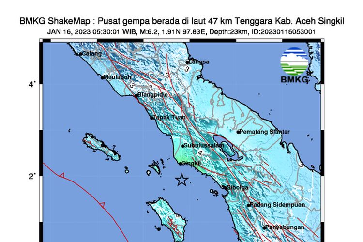Gempa bumi berkekuatan M 6,2 mengguncang Kabupaten Aceh Singkil, Provinsi Aceh pada Senin (16/1/2023) pukul 05.30 WIB. (Foto: akun Twitter @infoBMKG)