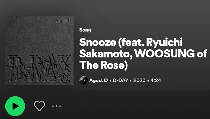 Lirik Lagu Snooze Milik Agust D (Suga BTS) Ft. Ryuichi Sakamoto dan Woosung, Makna dan Artinya dalam Bahasa Indonesia (Foto : Tangkap Layar Spotify)