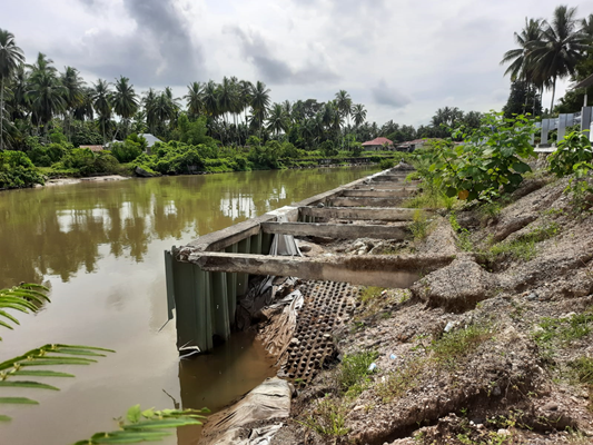 Kerusakan bantaran dan sheet pile Batang Mangor di Kawasan Sunur Kota Pariaman yang akan diperbaiki.(Trisnaldi).