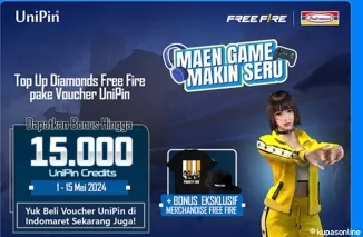 Promo Indomaret! Top Up Diamon FF Pake Voucer UNIPIN, Bonusnya Rp.15.000, PLus Merchandse Free Fire, Berlaku 1-15 Mei 2024
