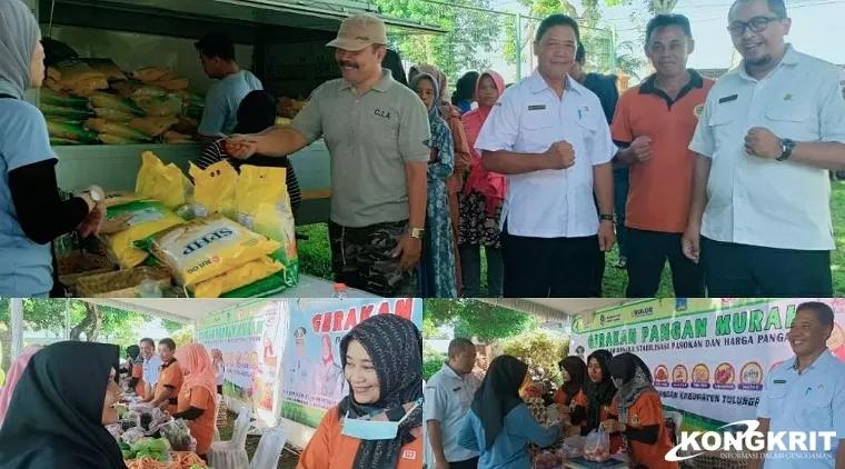 Keterangan foto kolase : Sekretaris DKP Tulungagung saat meninjau stand Bulog yang menyediakan beras SPHP (atas) Warga sekitar Wonorejo saat berbelanja di stand GPM