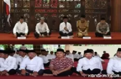 Keterangan foto Atas : Pj Bupati Tulungagung (tengah atas) saat sambutan silaturahmi dan buka puasa bersama dengan Forkopimda, Camat, Lurah dan Kades