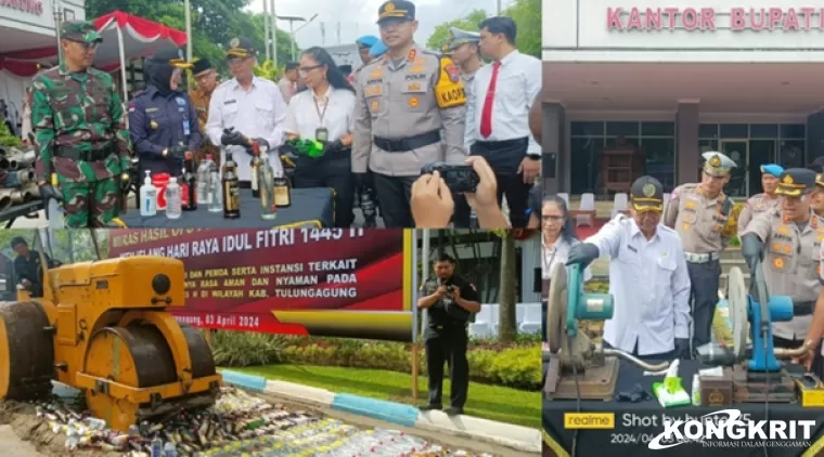 Kapolres Tulungagung bersama Forkopimda saat memotong knalpot brong dan pemusnahan botol miras di halaman kantor Pemkab setempat