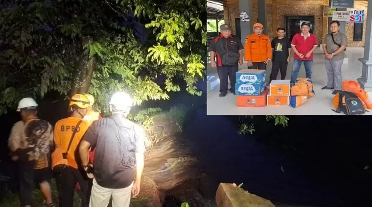 Petugas BPBD Tulungagung saat dilokasi tanggul jebol sungai Wudu (Insert : Kabid Kedaruratan Bencana dan Logistik Gilang Zelakuduma saat memberikan bantuan kepada warga terdampak banjir)