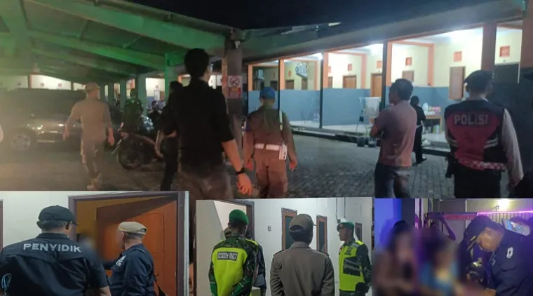 Petugas gabungan Satpol PP, Kodim 0807 , Polres dan Subdenpom V/ 1-6 Tulungagung saat merazia sejumlah warkop karaoke dan tempat kos