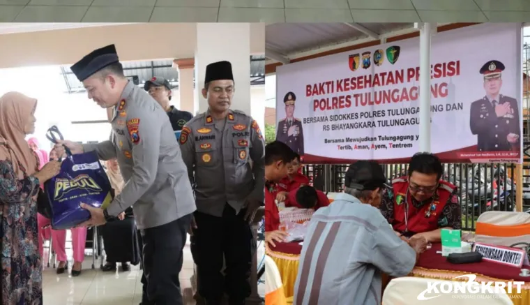 Kapolres Tulungagung AKBP Muhammad Taat Resdi saat memberikan bantuan paket sembako kepada salah satu penerima