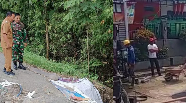 Foto kolase : Wabup Tulungagung (kiri) saat meninjau lokasi longsor di jalan raya Desa Gedangan kecamatan Karangrejo dan petugas PUPR Tulungagung menutup lobang di jalan depan Puskesmas Sendang