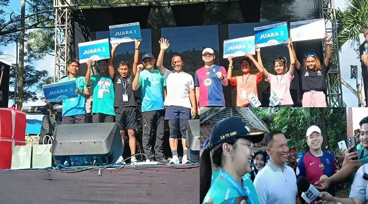 Wabup Ahmad Baharudin (kaos putih) dan Kapolres Tulungagung foto bersama dengan pemenang event Wonorejo Run Challenge. (Insert dari kiri : Wakil Walikota Blitar, Wabup Tulungagung dan Kapolres Tulungagung saat diwawancarai wartawan).