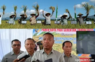 Foto kolase: (atas) : Bupati Bersama Wabup Tulungagung dan Forkopimda hadiri panen raya padi di Desa Sanan (Bawah) : Bupati Tulungagung Gatut Sunu Wibowo didampingi Wabup Ahmad Baharudin, Kepala Dispertan Tulungagung Suyanto dan Sekdakab Tri Hariadi