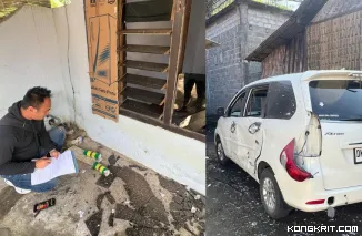 Polisi mengecek kondisi rumah dan mobil yang rusak akibat ledakan petasan