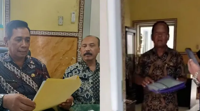 Camat Campurdarat Tri Wantoro didampingi Sekcamnya saat dikonfirmasi wartawan dan tangkapan layar Kades Gamping Suyono saat keluar dari ruangan Camat