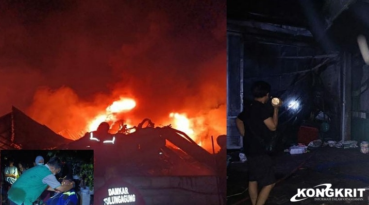Gudang Peralatan rumah tangga milik warga desa Bendiljati Kulon yang terbakar (Insert : salah satu petugas damkar mendapatkan bantuan oksigen dari tim nakes)