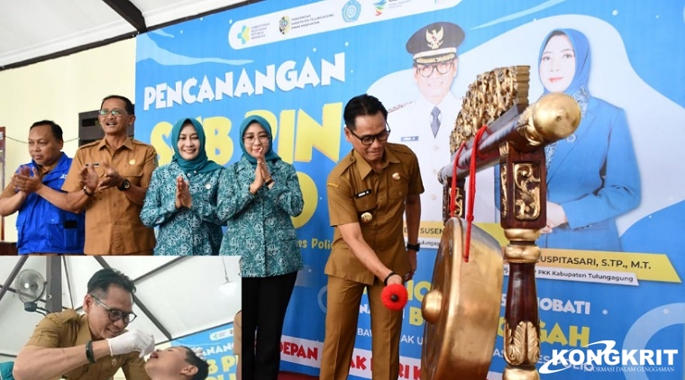 Pj Bupati Tulungagung Heru Suseno saat membuka pencanangan Sub PIN Polio  (Insert : Pj Bupati saat memberikan imunisasi pada salah satu anak)