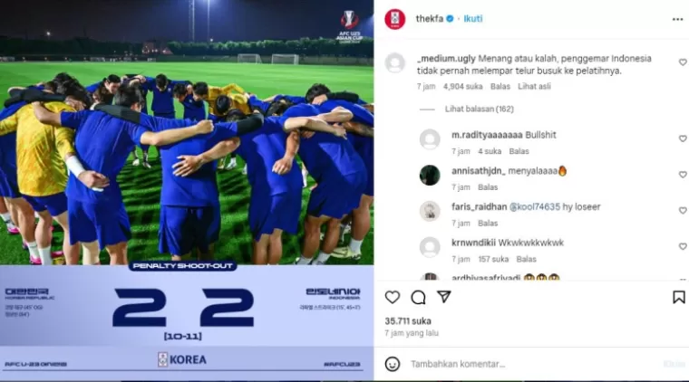 Tangkap layar komentar netizen Indonesia di Instagram Timnas Korea Selatan
