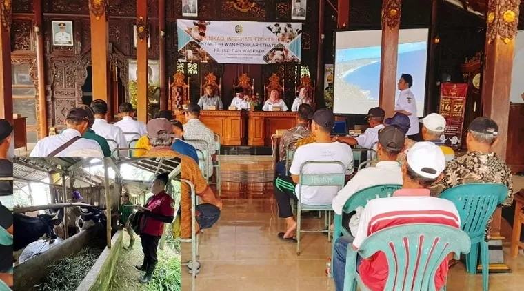 Disnakkeswan Tulungagung mengadakan pertemuan KIE Penyakit Hewan Menular Strategis (PHMS) di Balai Desa Pelem (Insert: Petugas Disnakkeswan saat melakukan vaksinasi hewan ternak)