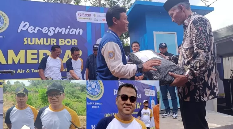 Ketua PAPDI cabang Surabaya berikan bantuan secara seremonial kepada Kades Tenggarejo  saat peresmian sumur bor Amerta. (insert : dari kiri Sekdakab Tri Hariadi, Pj Bupati Tulungagung Heru Suseno dan Kepala BRIDA Tulungagung Adi Prasetiya.