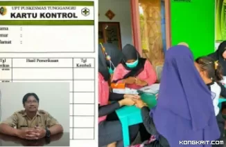 Petugas  Puskesmas Tunggangri saat melakukan pemeriksaan tensi darah dan gula darah di salah satu posyandu lansia dan kartu kontrol (Insert: Kepala UPT Puskesmas Tunggangri, dr. Dony Wahyu Siswoyo)