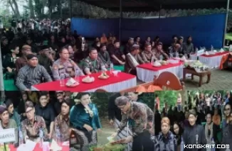 Pj Bupati Tulungagung bersama Sekdakab, Forkopimcam Campurdarat saat menghadiri upacara tradisi Ulur - Ulur di Telaga Buret Desa Sawo, Kecamatan Campurdarat