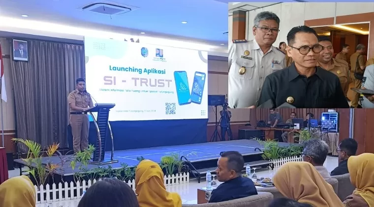 Dinas PUPR Tulungagung melaunching aplikasi SI - TRUST, (Insert : Pj Bupati Tulungagung Heru Suseno didampingi Kakan Pertanahan ATR BPN Ferri Saragih dan Kadis PUPR Dwi Hari Subagyo saat diwawancarai awak media)