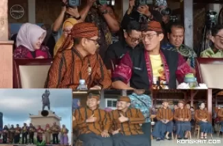 Pj Bupati Heru Suseno bersama Menparekraf Sandiaga Uno dalam event East Java Fashion Harmoni di wisata pantai Midodaren, (Insert tengah: Ketua DPRD Tulungagung Marsono, Dandim 0807 Letkol Czi, Nooris Agus Rinanto mengenakan pakaian Khas Tulungagung)