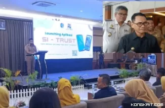 Dinas PUPR Tulungagung melaunching aplikasi SI - TRUST, (Insert : Pj Bupati Tulungagung Heru Suseno didampingi Kakan Pertanahan ATR BPN Ferri Saragih dan Kadis PUPR Dwi Hari Subagyo saat diwawancarai awak media)