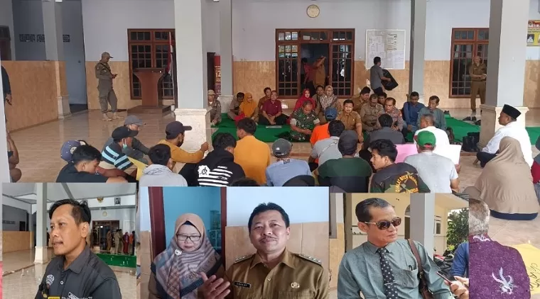 Forkopimcam Bandung fasilitasi mediasi massa Aliansi Masyarakat Cinta Damai dengan sejumlah tim teknis Dinas terkait  (Insert dari kiri : Korlap aksi damai, Camat didampingi Kades Bandung, Kuasa hukum pemilik usaha)