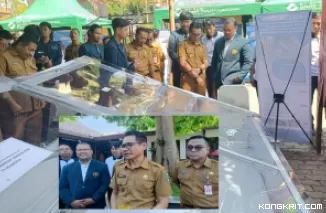 Pj Bupati Tulungagung saat melihat mesin pengering jagung berbasis efek rumah kaca yang  dirancang mahasiswa FTP-UB (Insert: Pj Bupati Heru Suseno (tengah) didampingi Kepala BRIDA Tulungagung dan Dekan FTP-UB )