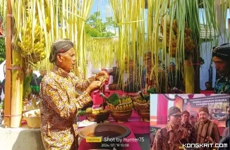 Prosesi jamasan tombak pusaka kanjeng kiai Upas di pendopo Kanjengan Kepatihan. (insert: Pj Bupati Tulungagung Heru Suseno bersama Ketua DPRD Tulungagung Marsono)