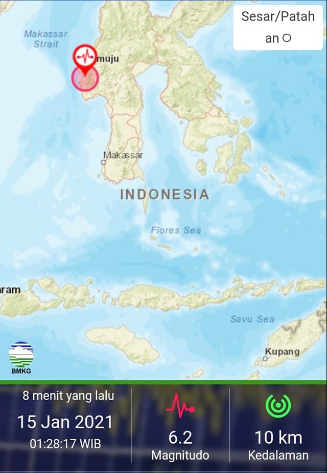  Gempa bumi dengan magnitudo 6,2 mengguncang Kabupaten Majene, Sulawesi Barat pada Jumat 15 Januari 2021 pukul 02.28 Wita. Gempa merusak sejumlah bagunan besar, salah satunya kantor Gubernur Sulawesi Barat.