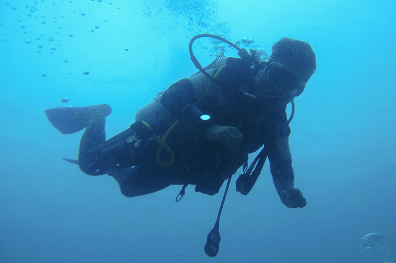 Kariadil Harefa fotografer sekaligus penyelam saat turun dengan menggunakan alat scuba diving menyelam di perairan Teluk Mandeh, Kabupaten Pesisir Selatan Dok. Pribadi | Nat Dive Sumatra | Halonusa.com
