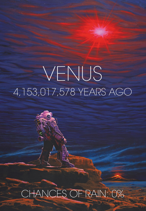 ILUSTRASI | Pandangan tentang permukaan dan atmosfer awal Venus, lebih dari 4 miliar tahun yang lalu. Berlatar seorang penjelajah misterius yang terkejut melihat lautan benar-benar menguap di langit. | Credit: © Manchu/Konten Asli/Halonusa