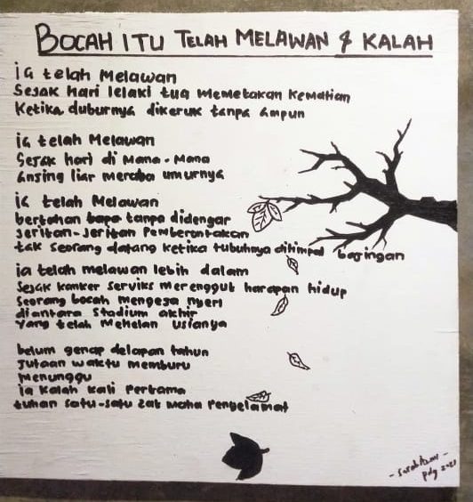 Puisi Bocah Itu Telah Melawan dan Kalah karya Sarah Azmi saat memperingati 16 Hari Aktivisme Melawan Kekerasan Terhadap Perempuan di Kota Padang. Puisi itu diangkat dari kisah nyata yang dialami korban kekerasan yang dilakukan seorang ayah merudapaksa ana