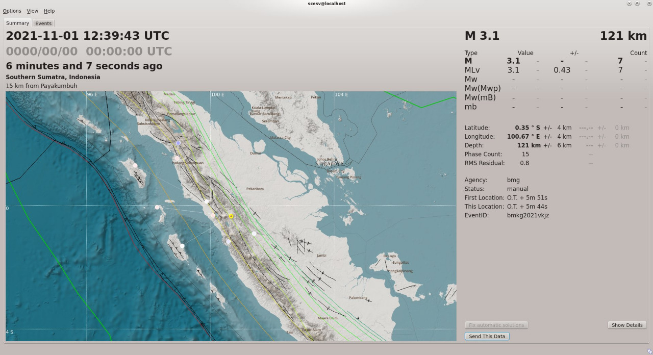 Gempa Mag:3.1, 01-Nov-21 19:39:43 WIB, Lok:0.35 LS,100.67 BT (14 km Tenggara PAYAKUMBUH-SUMBAR), Kedlmn:121 Km ::BMKG-GSI