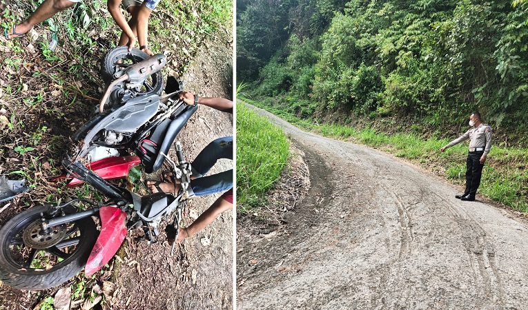 Kolase: sepeda motor yang dikendarai anggota DPRD Sumbar Rinaldi dan lokasi kecelakaan di Agam. (Foto: Dok. Polres Agam)