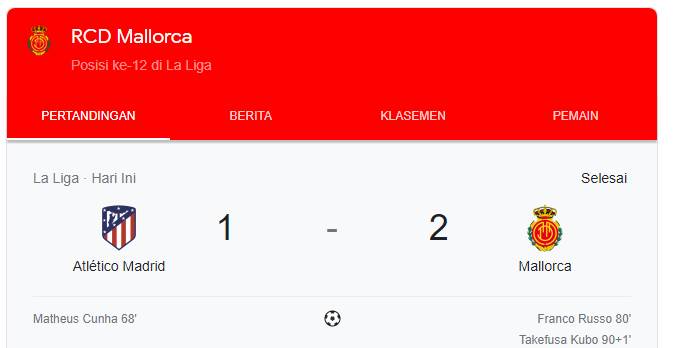 Hasil Pertandingan Atletico Madrid vs Real Mallorca