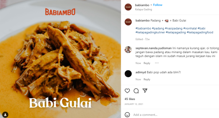Salah satu menu di restoran Babiambo yang diposting di Instagramnya