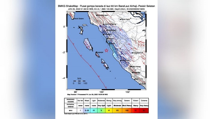 Titik gempa 4,9 yang guncang Air Haji, Kabupaten Pesisir Selatan pada Sabtu (25/6/2022) dini hari. (Foto: Dok. BMKG)