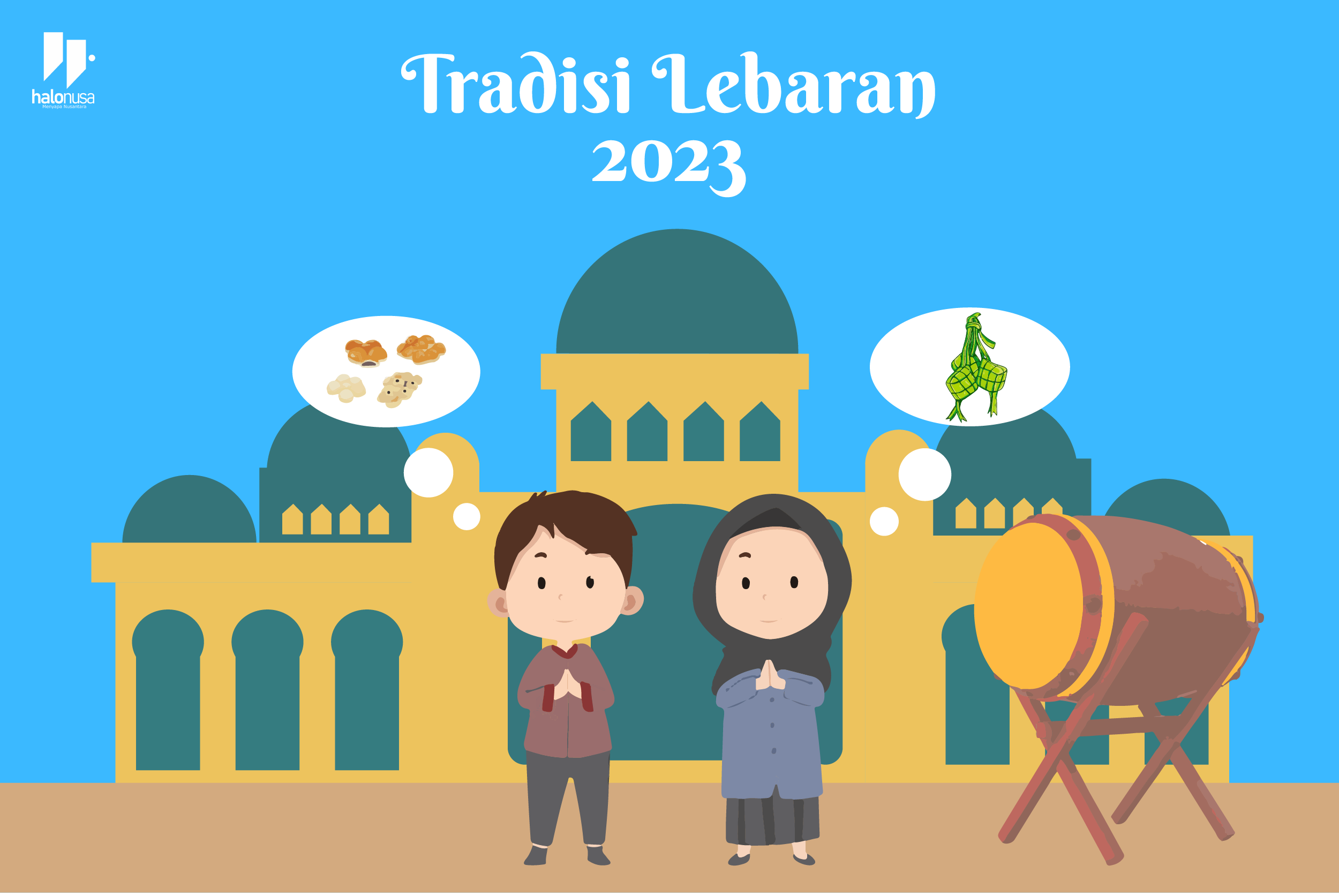 tradisi lebaran Idul Fitri 2023 (Ilustrator: Yurico Andani/Halonusa)|Ilustrasi Kabau (foto: Mongabay)|Prosesi adat penobatan yang menjadi bagian dalam kegiatan Pucuk Adat Talu (foto: kabarminang)|Ilustrasi Urang Kurai asli Bukittinggi (foto: Deni Chalid v