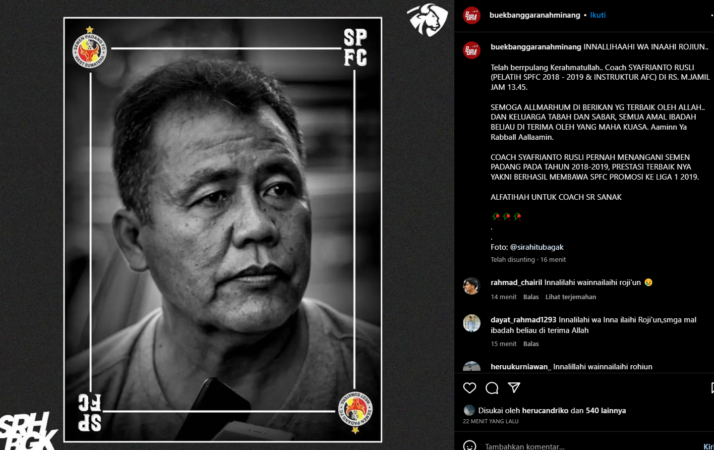 Postingan Instagram Buekbanggaranahminang tentang meninggal dunianya mantan pelatih Semen Padang FC, Syafrianto Rusli