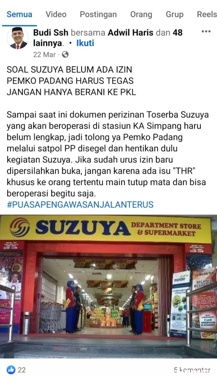 Tangkapan layar status Anggota DPRD Padang Budi Syahrial sebut Suzuya Stasiun Padang belum ada izin. (Foto: Facebook @Budi Syahrial)