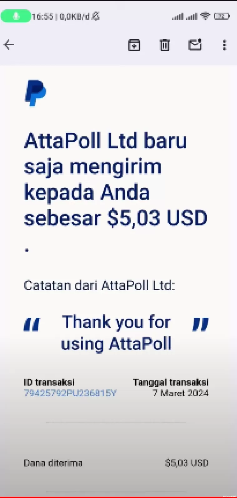 Bukti penarikan aplikasi penghasil uang AttaPoll (foto: Youtuber Naufal354)