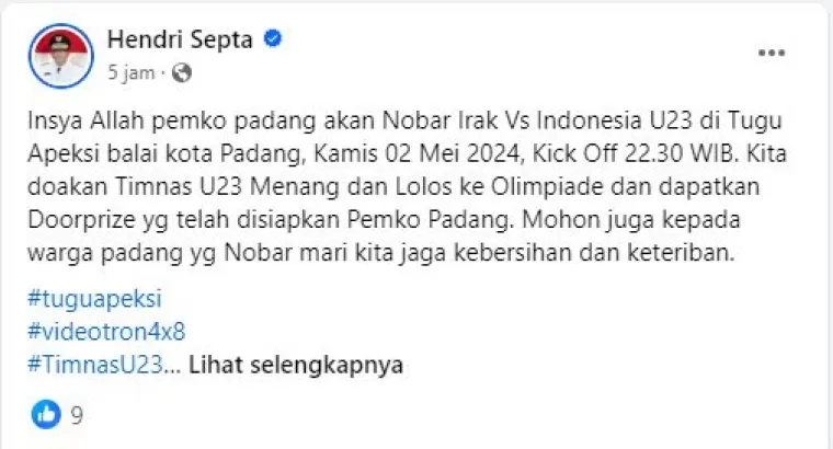 Tangkapan layar akun Facebook Hendri Septa. (Foto: Istimewa)