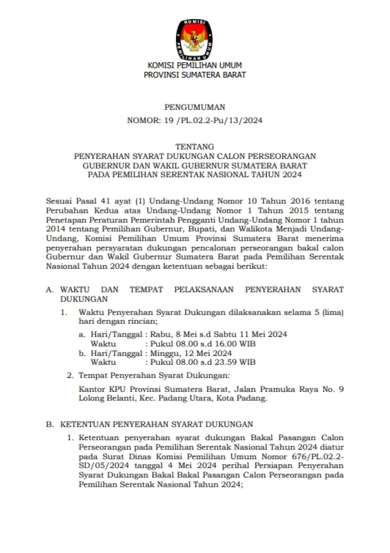 Syarat calon perseorangan pencalonan Gubernur dan Wakil Gubernur Sumatera Barat. (Dok: KPU Sumbar)
