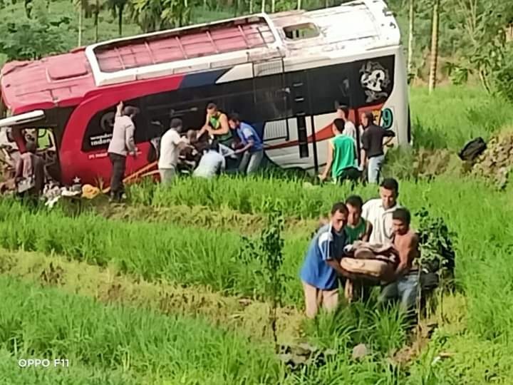 Foto Bus Bawa Rombongan Baralek Masuk Sawah di Pasaman, Penumpang Luka-luka